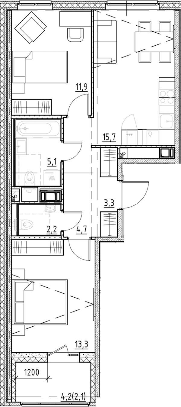 2-комнатная квартира 58.3 м², 9/11 эт., ЖК «Янила Форест»